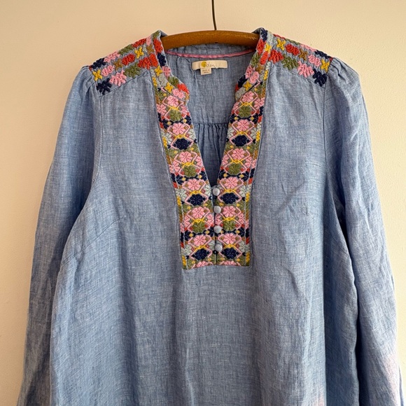 Boden Leonie Embroidered Long Sleeve Linen caftan in blue - Picture 11 of 15